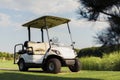 White golf cart stands on a green background