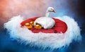 White goose laying golden eggs in a fancy nest Royalty Free Stock Photo