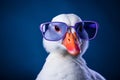 White goose wearing blue sunglasses on blue background