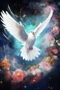 white gorgeous dove of peace fly in beautiful heaven, amazing flying pigeon in rays of light