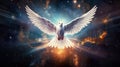 white gorgeous dove of peace fly in beautiful heaven, amazing flying pigeon in rays of light