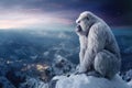 A white gorilla stands on a snowy mountain top. Animal portrait. Generative AI