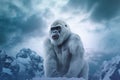 A white gorilla stands on a snowy mountain top. Animal portrait. Generative AI