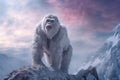 A white gorilla stands on a snowy mountain top. Animal portrait. Generative AI