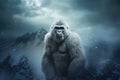 A white gorilla stands on a snowy mountain top. Animal portrait. Generative AI