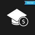 White Graduation cap and coin icon isolated on black background. Education and money. Concept of scholarship cost or Royalty Free Stock Photo