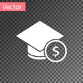 White Graduation cap and coin icon isolated on transparent background. Education and money. Concept of scholarship cost