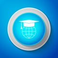 White Graduation cap on globe icon isolated on blue background. World education symbol. Online learning or e-learning