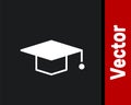 White Graduation cap icon isolated on black background. Graduation hat with tassel icon. Vector Illustration Royalty Free Stock Photo