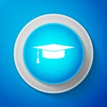 White Graduation cap icon isolated on blue background. Graduation hat with tassel icon. Circle blue button with white