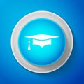 White Graduation cap icon isolated on blue background. Graduation hat with tassel icon. Circle blue button with white