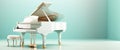 A white grand piano against a backdrop of turquoise color.