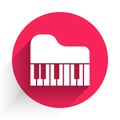 White Grand piano icon isolated with long shadow. Musical instrument. Red circle button. Vector Royalty Free Stock Photo