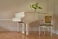 white grand piano standing in elegant white interior of palace hall.white piano at the empty reto room Royalty Free Stock Photo