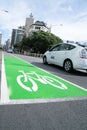 White graphic of cycle on green background of street cycle lane