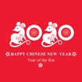 White graphics on a red background 2020 with a cute cartoon rats and floral pattern.