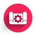 White Graphing paper for engineering and gear icon isolated with long shadow. Red circle button. Vector Illustration