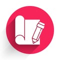 White Graphing paper for engineering and pencil icon isolated with long shadow. Red circle button. Vector Illustration