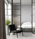 White gray bedroom interior with glass door, black armchair and plants. 3d rendering mock up Royalty Free Stock Photo