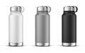 White Gray and Black Thermos Bottles. Aluminium Thermos Bottle on White Background