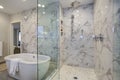White and gray calcutta marble bathroom design