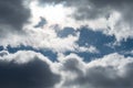 White-gray cloudy clouds covered sky and bright sun that shines from behind clouds. Royalty Free Stock Photo