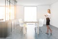 White and gray dining room interior, businesswoman Royalty Free Stock Photo