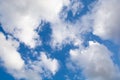 White and gray fluffy cumulus clouds on a blue sky. A thunderstorm is expected.