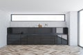 White and gray kitchen interior with cupboards