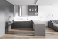 White and gray kitchen and living room interior Royalty Free Stock Photo