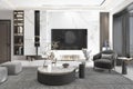 White and Gray Living Room with Marble tile Background, Wall Book-Shelf, Luxury Showpiece