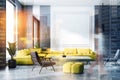 White and gray living room, yellow sofa, woman Royalty Free Stock Photo
