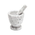 White and gray marble mortar and pestle isolated on a white surface.