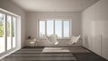 White and gray minimal living room with armchair carpet, parquet floor and panoramic window, scandinavian architecture Royalty Free Stock Photo