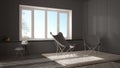 White and gray minimal living room with armchair carpet, parquet floor and panoramic window, scandinavian architecture, modern int Royalty Free Stock Photo