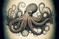 White gray picture with octopus sea with curved powerful tentacles