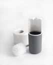 White and gray plastic toilet brush and roll of toilet paper on white background Royalty Free Stock Photo