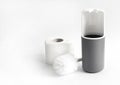 White and gray plastic toilet brush and roll of toilet paper on white background Royalty Free Stock Photo