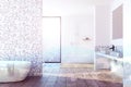 White and gray tiled bathroom interior toned Royalty Free Stock Photo