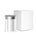 White gray wide round cosmetic/medicine bottle or container with box on isolated white background.