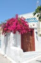 White greek bungalow with pink bougainvillea, santorin Royalty Free Stock Photo