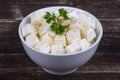 White greek cheese in plate, close up Royalty Free Stock Photo