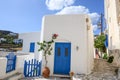 White Greek house with blue doors in Lefkes village on Paros Island, Cyclades, Greece Royalty Free Stock Photo