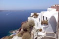 White greek resort house and Aegean sea, Santorini, Greece. Royalty Free Stock Photo