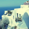 White greek resort house and Aegean sea, Santorini, Greece. Royalty Free Stock Photo