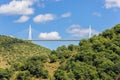 White, green and blue - dominating colors of Millau Viaduct and Tarn valley. Millau, Aveyron, Occitania
