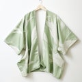 White And Green Leaf Print Kimono - Light Green And Light Bronze Style