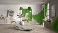 White and green living room, home chaos concept with chairs and table, windows and curtains, broken vase, furniture and other