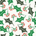 White with green mistletoe leaves and red berries seamless pattern background design.