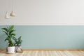 White and green wall empty room There is a hanging lamp on the side, there is a plant pot on the floor.3d rendering Royalty Free Stock Photo